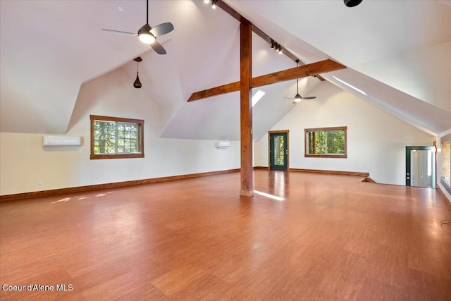 additional living space with wood finished floors, baseboards, beamed ceiling, and ceiling fan