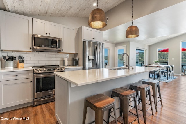 1967 W Cottonwood Rd, Worley, ID 83876 - kitchen featuring wood finished floors, a sink, lofted ceiling, and stainless steel appliances