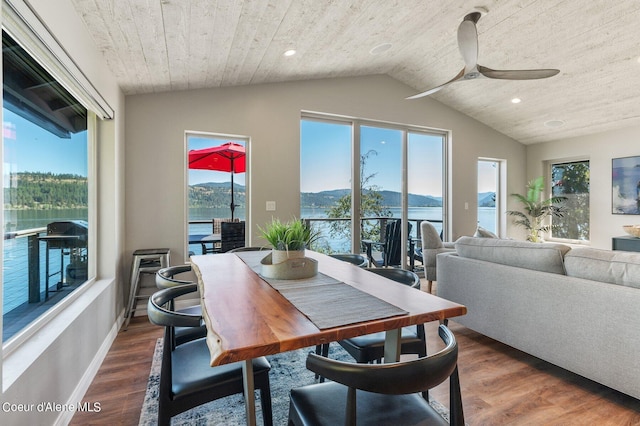 1967 W Cottonwood Rd, Worley, ID 83876 - dining room with a ceiling fan, recessed lighting, wood finished floors, lofted ceiling, and a mountain view