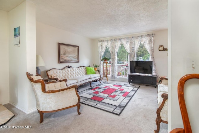 carpeted living room with a textured ceiling