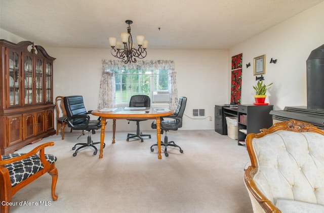 carpeted office featuring a chandelier and visible vents