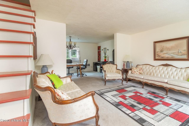 living room featuring a textured ceiling, a chandelier, and carpet floors
