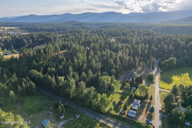 bird's eye view with a mountain view and a wooded view