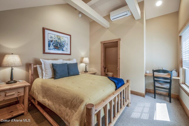 3765 Bottle Bay Rd, Sagle, ID 83860 - bedroom featuring baseboards, lofted ceiling with beams, a wall mounted air conditioner, recessed lighting, and carpet flooring