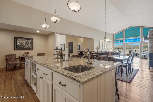 3765 Bottle Bay Rd, Sagle, ID 83860 - kitchen featuring high vaulted ceiling, open floor plan, a sink, and wood finished floors