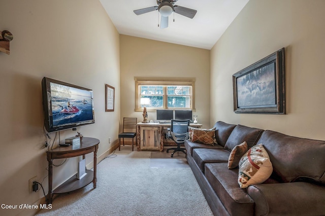 3765 Bottle Bay Rd, Sagle, ID 83860 - carpeted living room featuring ceiling fan, baseboards, and lofted ceiling