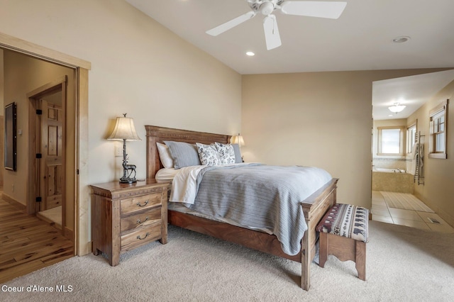 3765 Bottle Bay Rd, Sagle, ID 83860 - bedroom with light carpet, recessed lighting, ceiling fan, and lofted ceiling