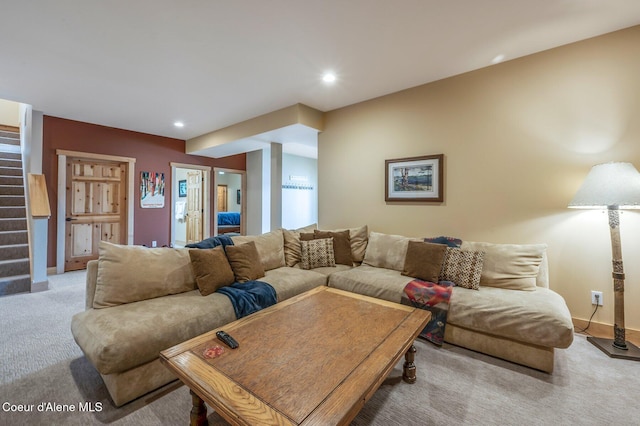 3765 Bottle Bay Rd, Sagle, ID 83860 - living room with recessed lighting, stairs, carpet flooring, and baseboards