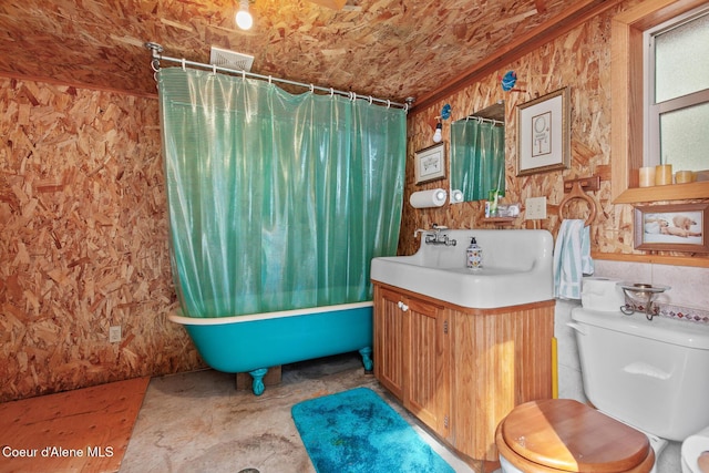 full bath featuring toilet, curtained shower, a bath, and vanity