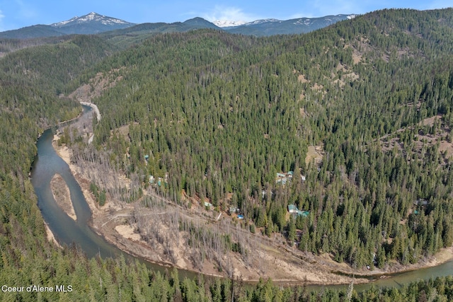 birds eye view of property with a water and mountain view and a view of trees