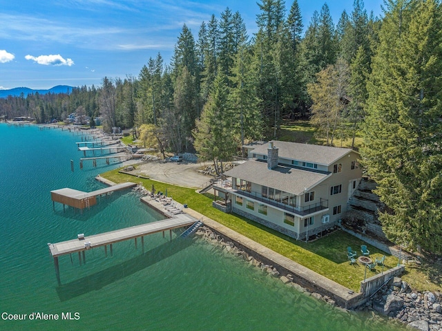bird's eye view with a water view and a forest view