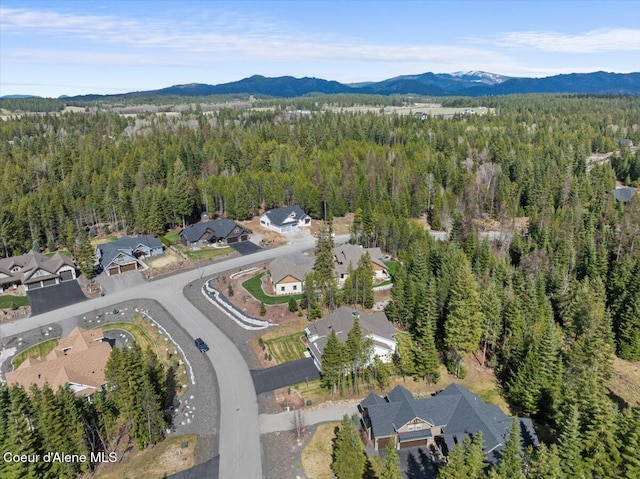 birds eye view of property featuring a mountain view and a view of trees