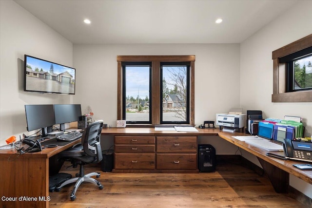 home office with recessed lighting and wood finished floors