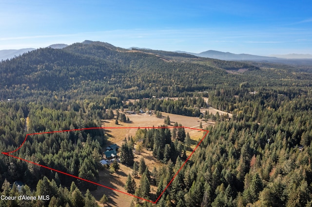 drone / aerial view featuring a mountain view and a forest view