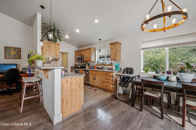 kitchen featuring a kitchen breakfast bar, a chandelier, a peninsula, stainless steel appliances, and wood finished floors