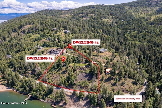 154 W Eagle Crest Dr, Sagle, ID 83860 - aerial view of property's location with a forest, property parcel outlined, and a water and mountain view