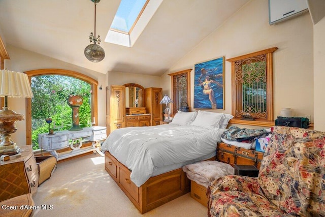 154 W Eagle Crest Dr, Sagle, ID 83860 - bedroom featuring lofted ceiling, a skylight, and light carpet