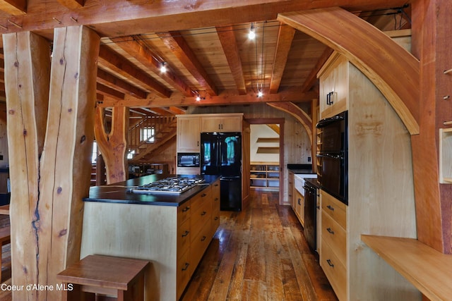kitchen with wooden ceiling, light brown cabinetry, beam ceiling, black appliances, and dark wood-type flooring