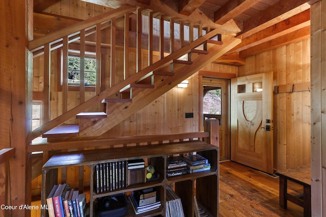 stairs featuring wooden walls, a wealth of natural light, and hardwood / wood-style flooring