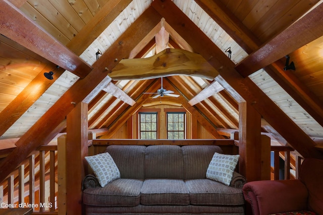 living room with wood ceiling, vaulted ceiling with beams, and ceiling fan