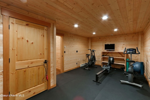 workout area featuring wood walls, recessed lighting, and wood ceiling