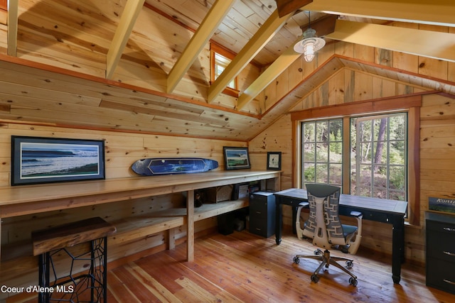 office area featuring wooden walls, wood ceiling, hardwood / wood-style floors, and lofted ceiling with beams