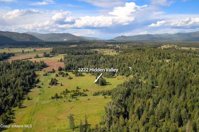 aerial view with a rural view, a wooded view, and a mountain view