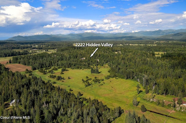 birds eye view of property with a forest view and a mountain view
