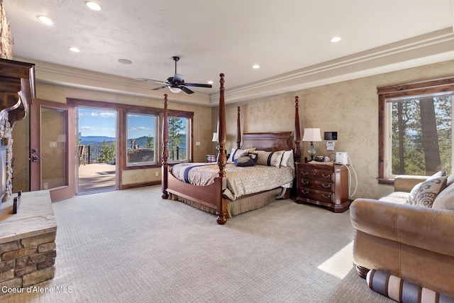 1122 S Four Winds Rd, Coeur Dalene, ID 83814 - carpeted bedroom with ornamental molding, access to exterior, multiple windows, and recessed lighting