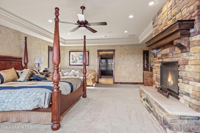 1122 S Four Winds Rd, Coeur Dalene, ID 83814 - bedroom featuring baseboards, ornamental molding, recessed lighting, a fireplace, and carpet