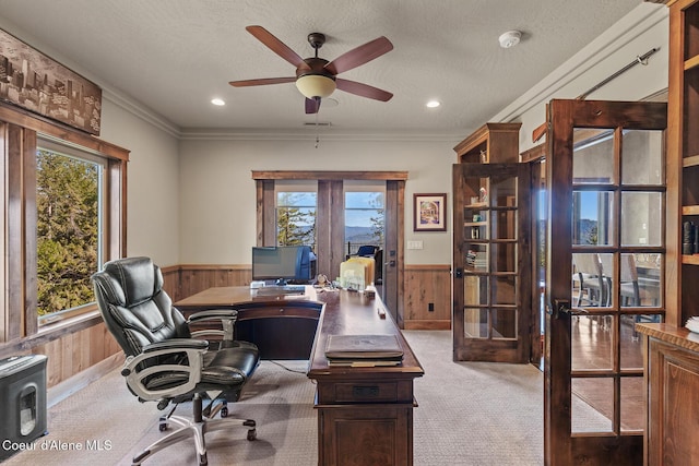 1122 S Four Winds Rd, Coeur Dalene, ID 83814 - office space with french doors, a wainscoted wall, a ceiling fan, and wood walls