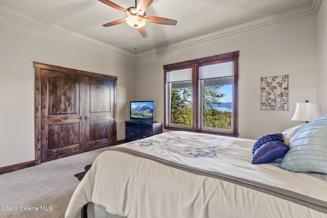 1122 S Four Winds Rd, Coeur Dalene, ID 83814 - bedroom featuring carpet, baseboards, ornamental molding, and a ceiling fan