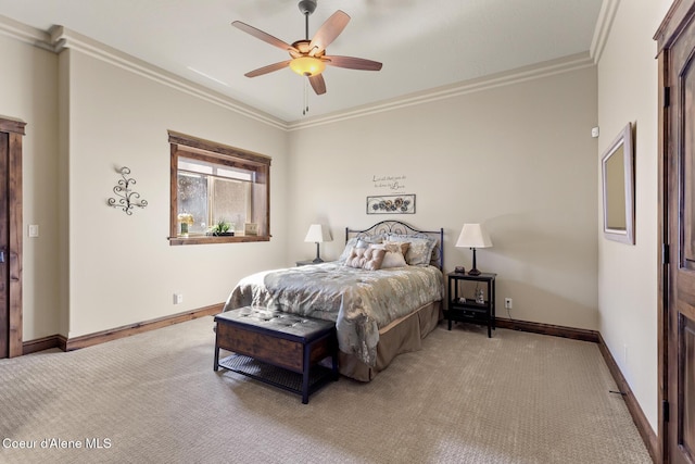 1122 S Four Winds Rd, Coeur Dalene, ID 83814 - bedroom with ornamental molding, baseboards, ceiling fan, and light carpet