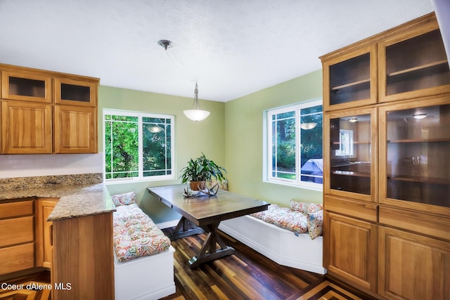 234 Stoneridge Rd, Blanchard, ID 83804 - dining space with a textured ceiling, breakfast area, dark wood-style flooring, and baseboards