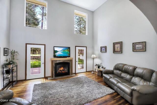 234 Stoneridge Rd, Blanchard, ID 83804 - living room with a high ceiling, wood finished floors, and a fireplace