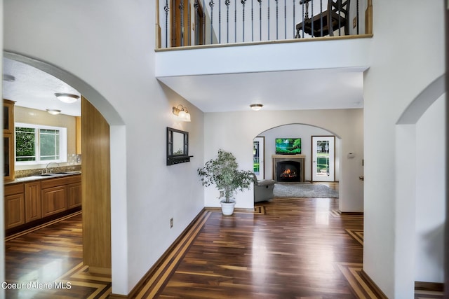 234 Stoneridge Rd, Blanchard, ID 83804 - hall with a sink, dark wood finished floors, baseboards, and a towering ceiling
