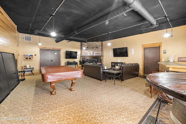 game room with a bar, carpet, billiards, and visible vents