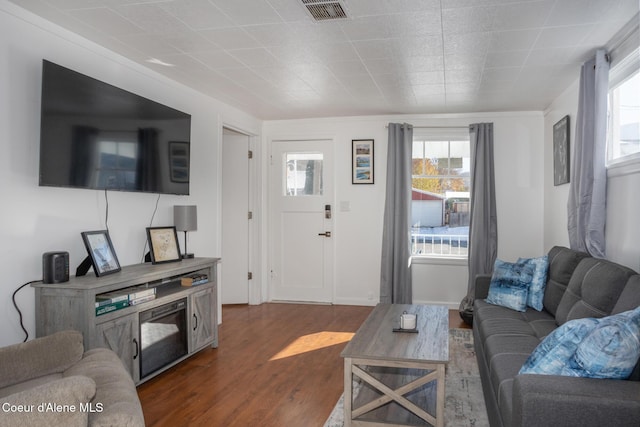 living area with dark wood-style flooring and visible vents