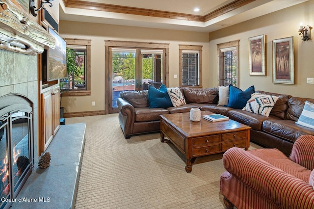 16917 S Basalt Dr, Coeur Dalene, ID 83814 - living area featuring crown molding, light carpet, a tray ceiling, and recessed lighting