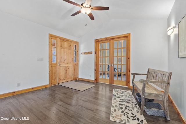 foyer entrance with baseboards, a ceiling fan, wood finished floors, french doors, and lofted ceiling