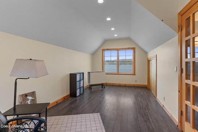 bonus room featuring recessed lighting, dark wood-style floors, baseboards, and lofted ceiling