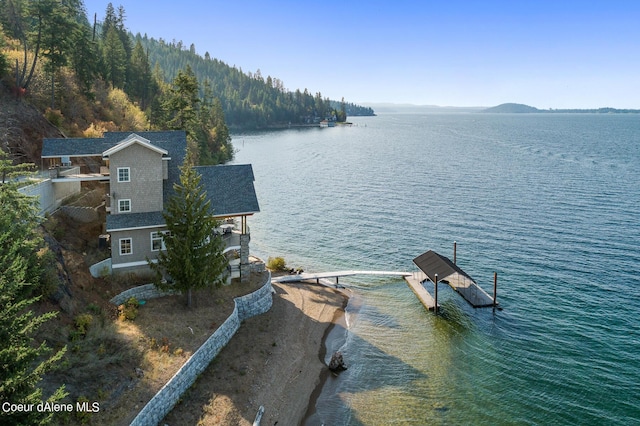 view of water feature featuring a wooded view and a floating dock