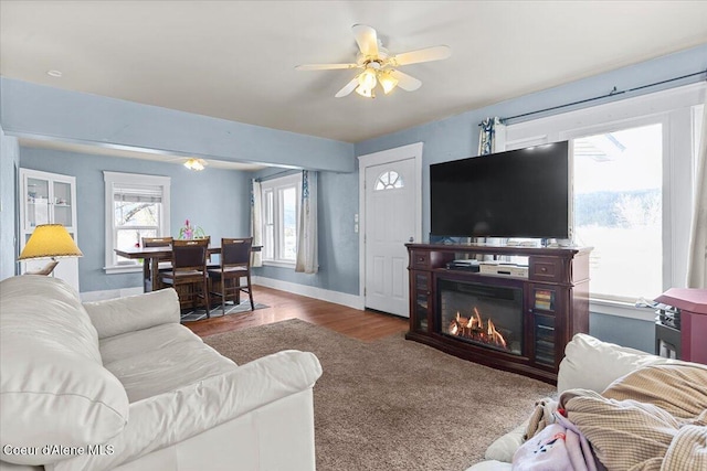 315 S 5th St, Saint Maries, ID 83861 - living area featuring baseboards, a ceiling fan, wood finished floors, and a glass covered fireplace