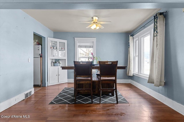315 S 5th St, Saint Maries, ID 83861 - dining area with visible vents, baseboards, a ceiling fan, and dark wood finished floors
