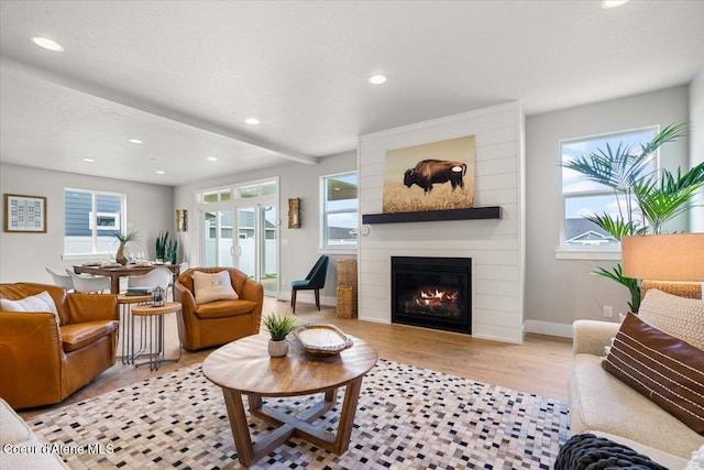 3402 N Cyprus Fox Loop, Post Falls, ID 83854 - living room featuring recessed lighting, a healthy amount of sunlight, light wood finished floors, and a fireplace