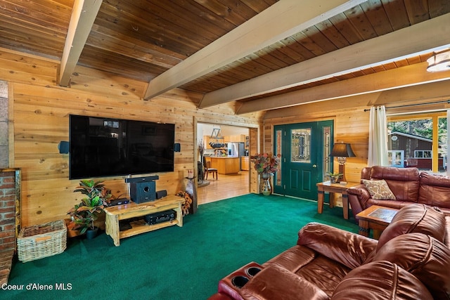 carpeted living area with wood ceiling, wooden walls, and beam ceiling