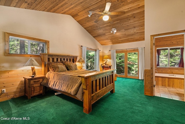 carpeted bedroom featuring high vaulted ceiling, wood ceiling, and a ceiling fan