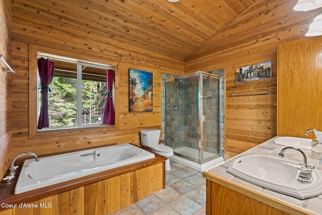 full bathroom with wooden walls, a sink, a stall shower, and lofted ceiling