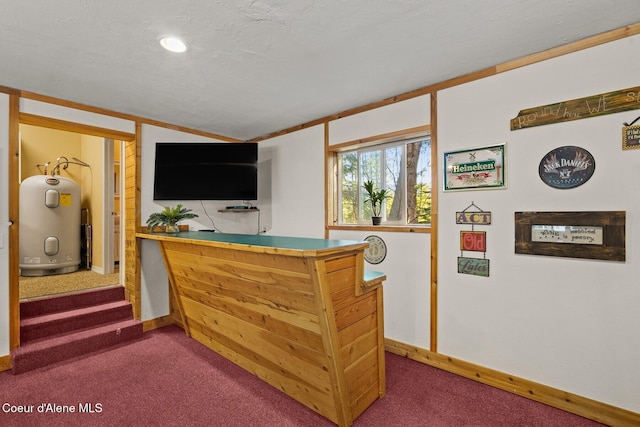 interior space featuring electric water heater, baseboards, recessed lighting, and dark colored carpet