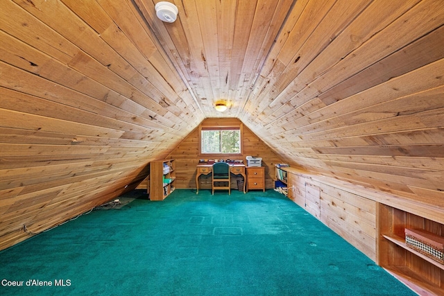 unfurnished office with wooden walls, carpet floors, lofted ceiling, and wood ceiling